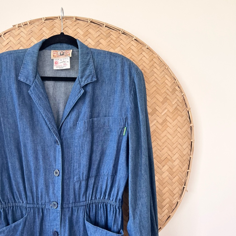 VINTAGE 80’S GENE EWING BIS BIS WRINKLED RICH DENIM DRESS W/ SHOULDER PADS - Picture 10 of 16